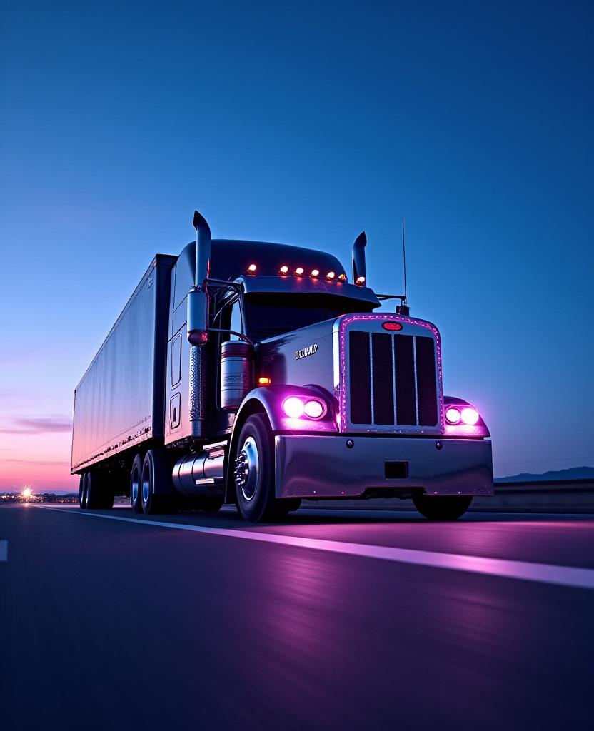 High-contrast shot of a heavy-duty semi-truck in high-speed motion across a desert highway