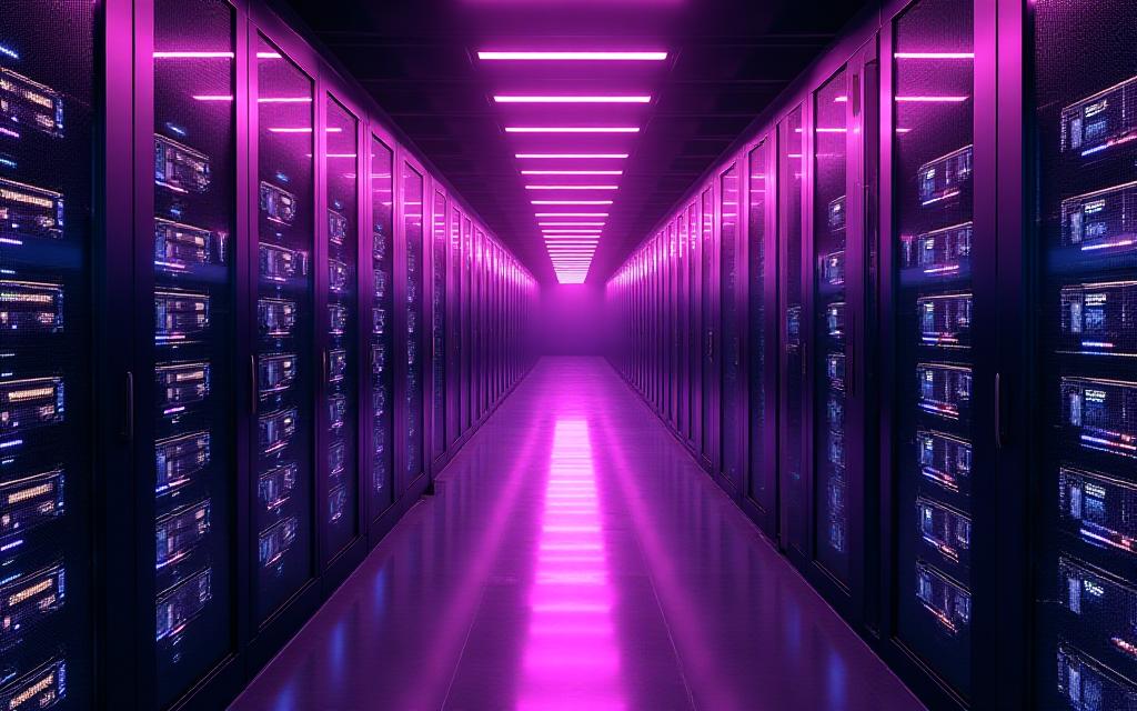Close up of high-tech digital server racks with purple neon lighting